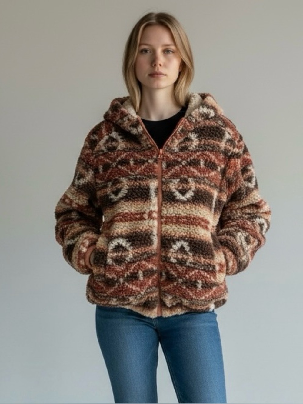 C&C California Brown Multi Patterned Sherpa Zip Hoodie